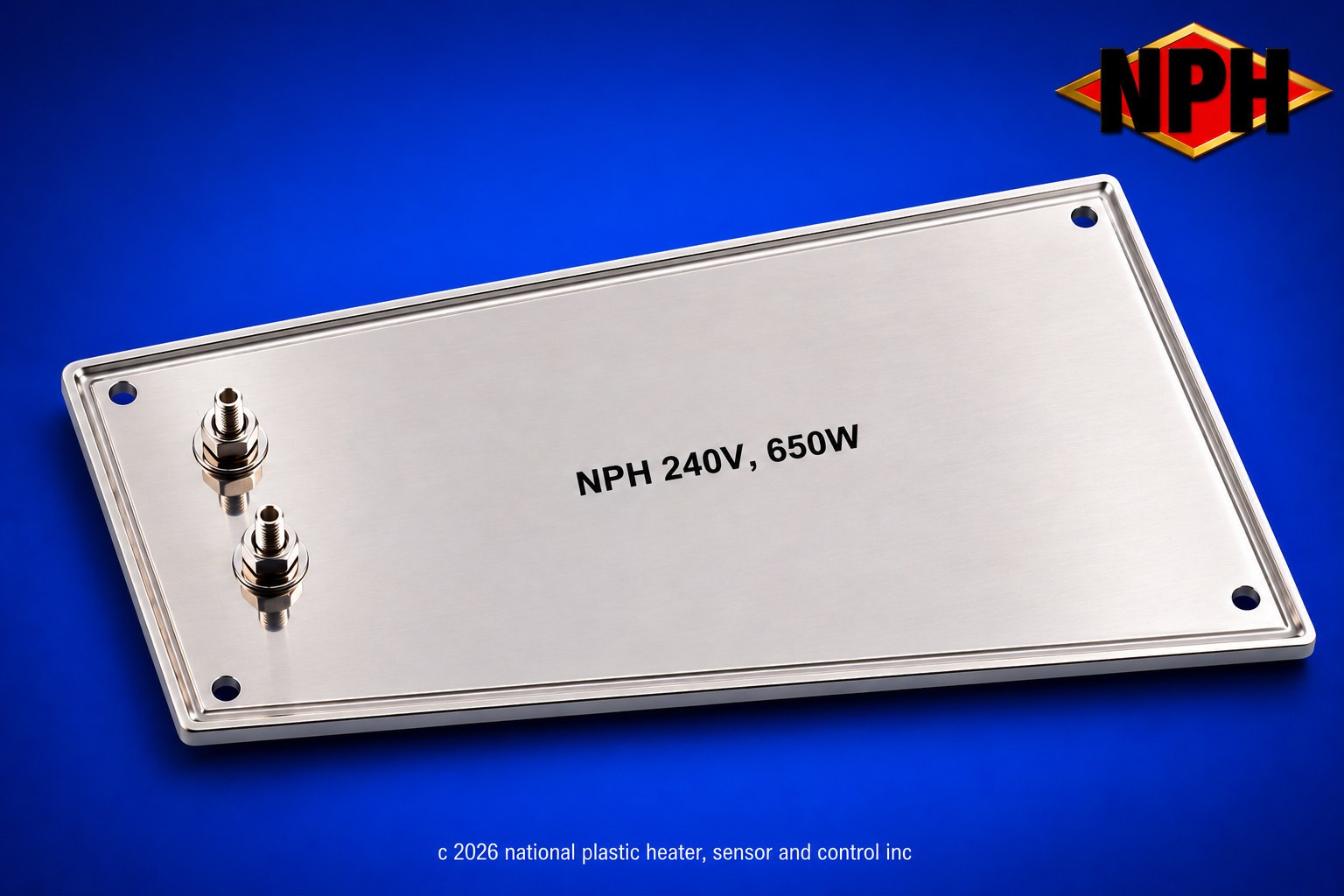 Mica Insulated Custom Trapezoid Strip Heater with Pressure Plate-Mounting Holes and Post Terminals-240V, 650W